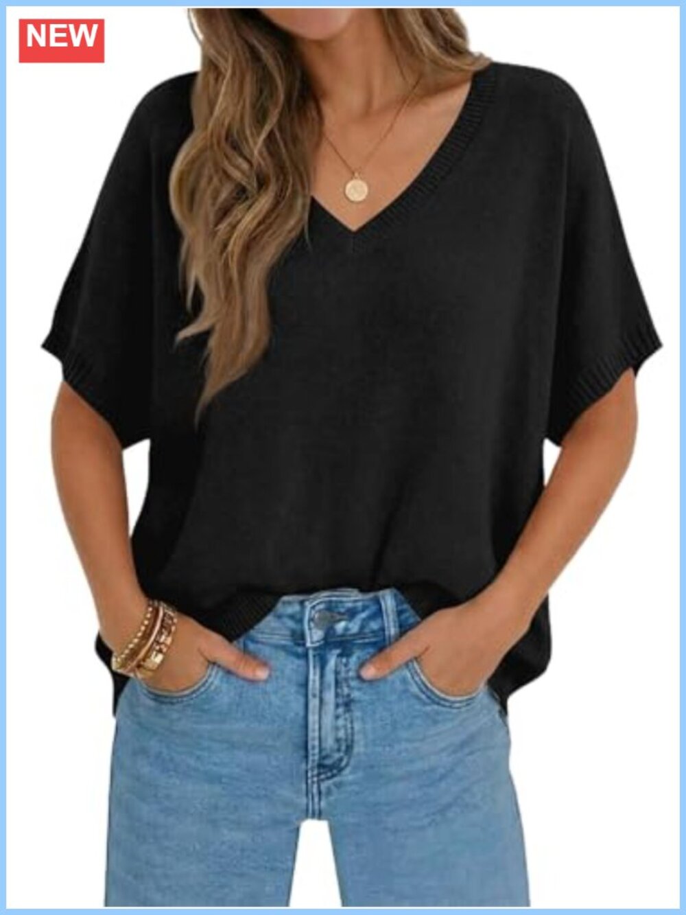 Women's Oversized Short Sleeve V-Neck Batwing Summer Knit Pullover Sweater
